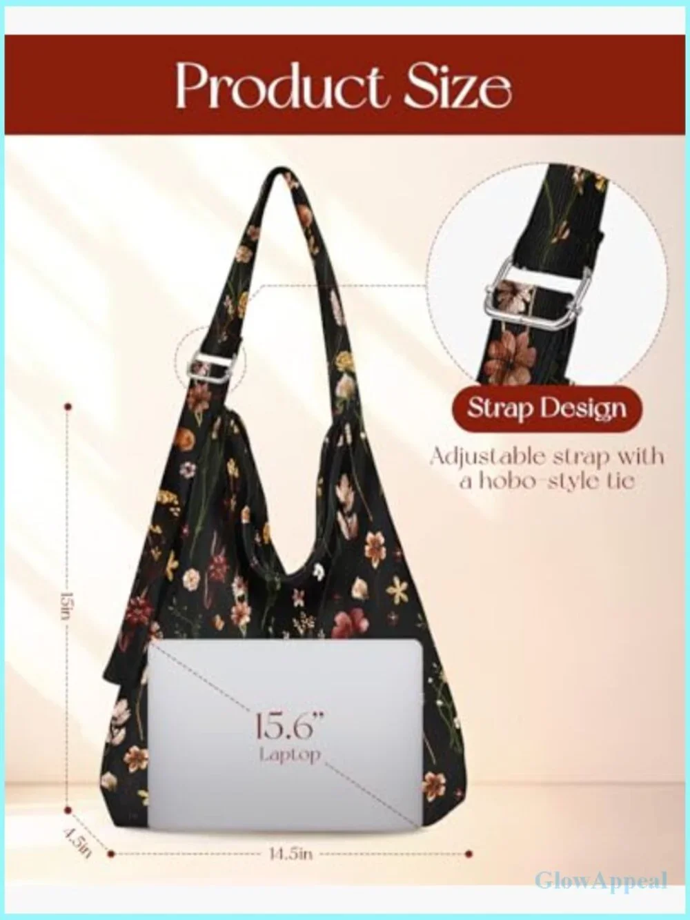 Corduroy Hobo Tote Bag with Zipper, Large Capacity Shoulder Bag for Work Travel